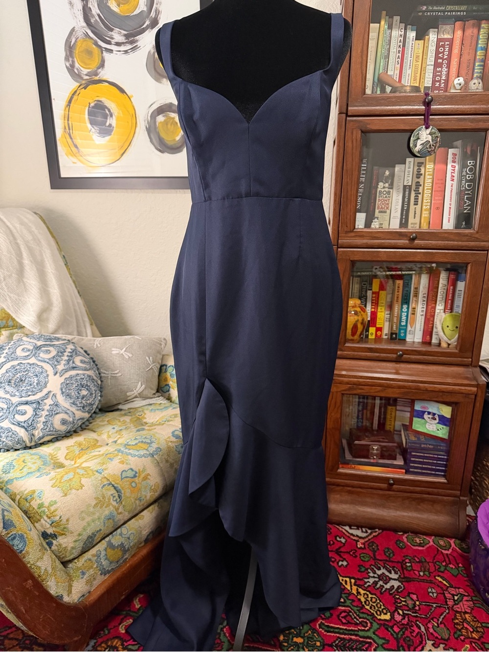 Fame & Partners Navy Ruffle Maxi Gown Dress Size 8